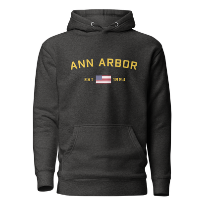 'Ann Arbor EST 1824' Unisex Premium Hoodie (Gold Type w/USA Flag Outline)