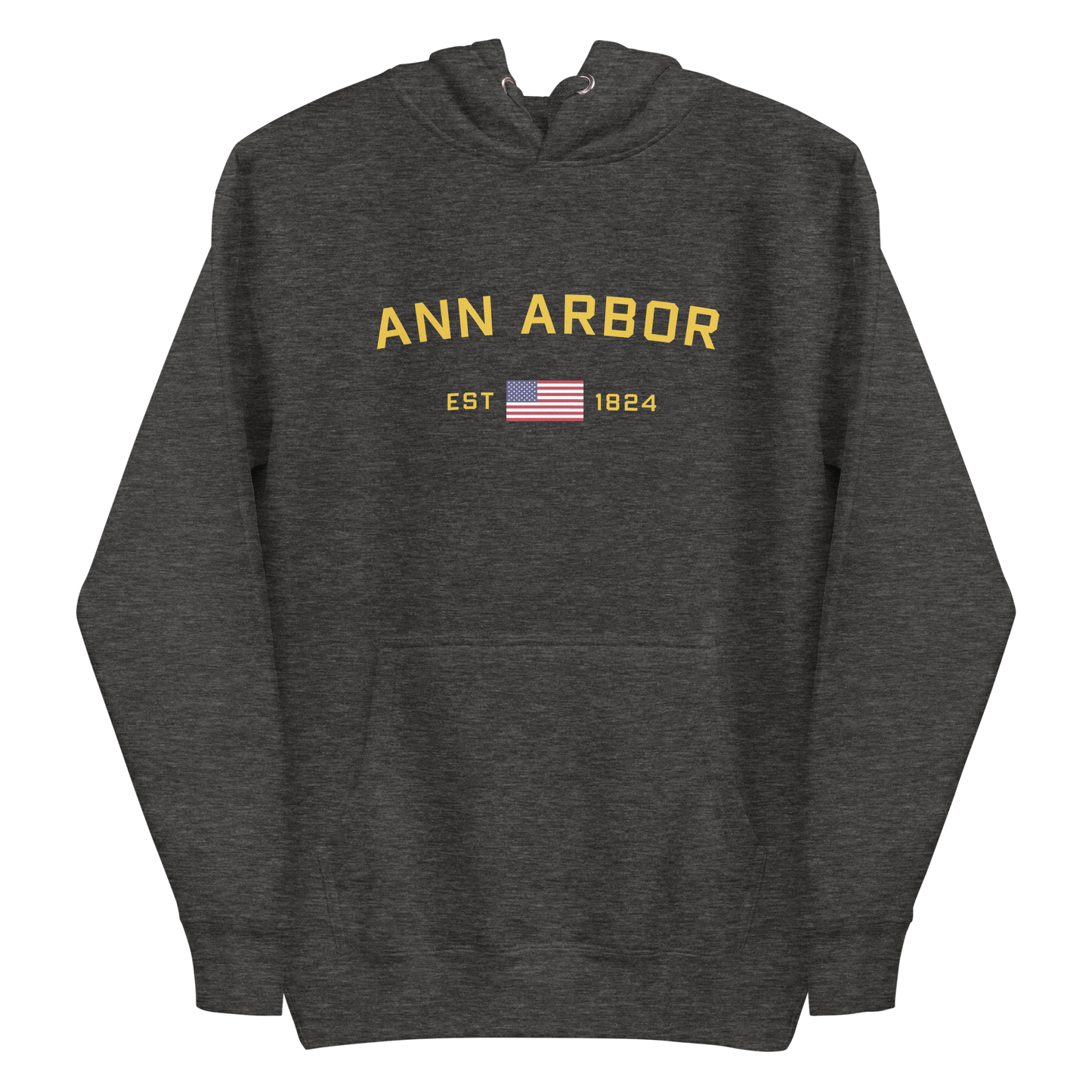 'Ann Arbor EST 1824' Unisex Premium Hoodie (Gold Type w/USA Flag Outline)