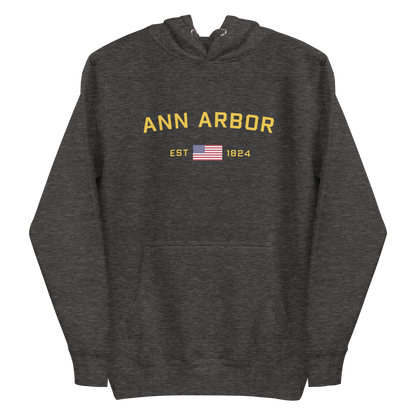 'Ann Arbor EST 1824' Unisex Premium Hoodie (Gold Type w/USA Flag Outline)