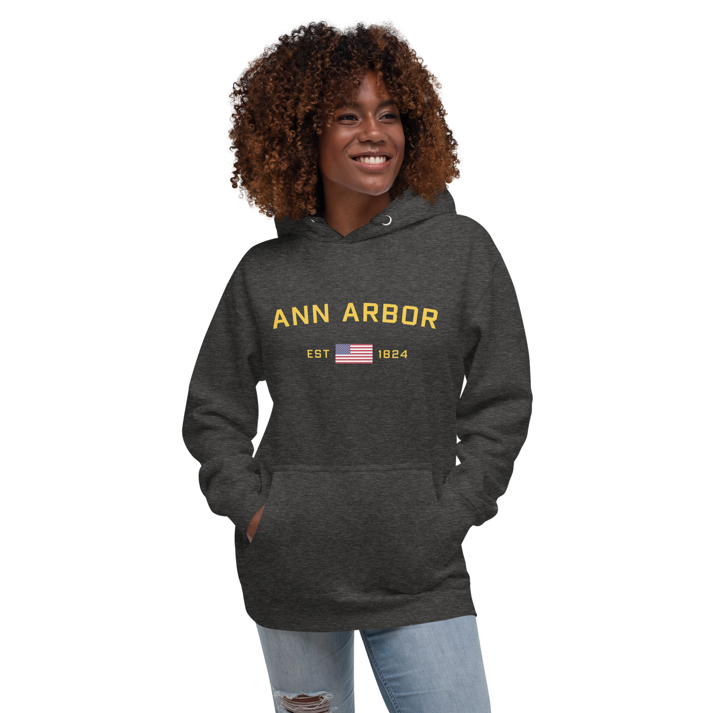 'Ann Arbor EST 1824' Unisex Premium Hoodie (Gold Type w/USA Flag Outline)