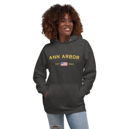 'Ann Arbor EST 1824' Unisex Premium Hoodie (Gold Type w/USA Flag Outline)