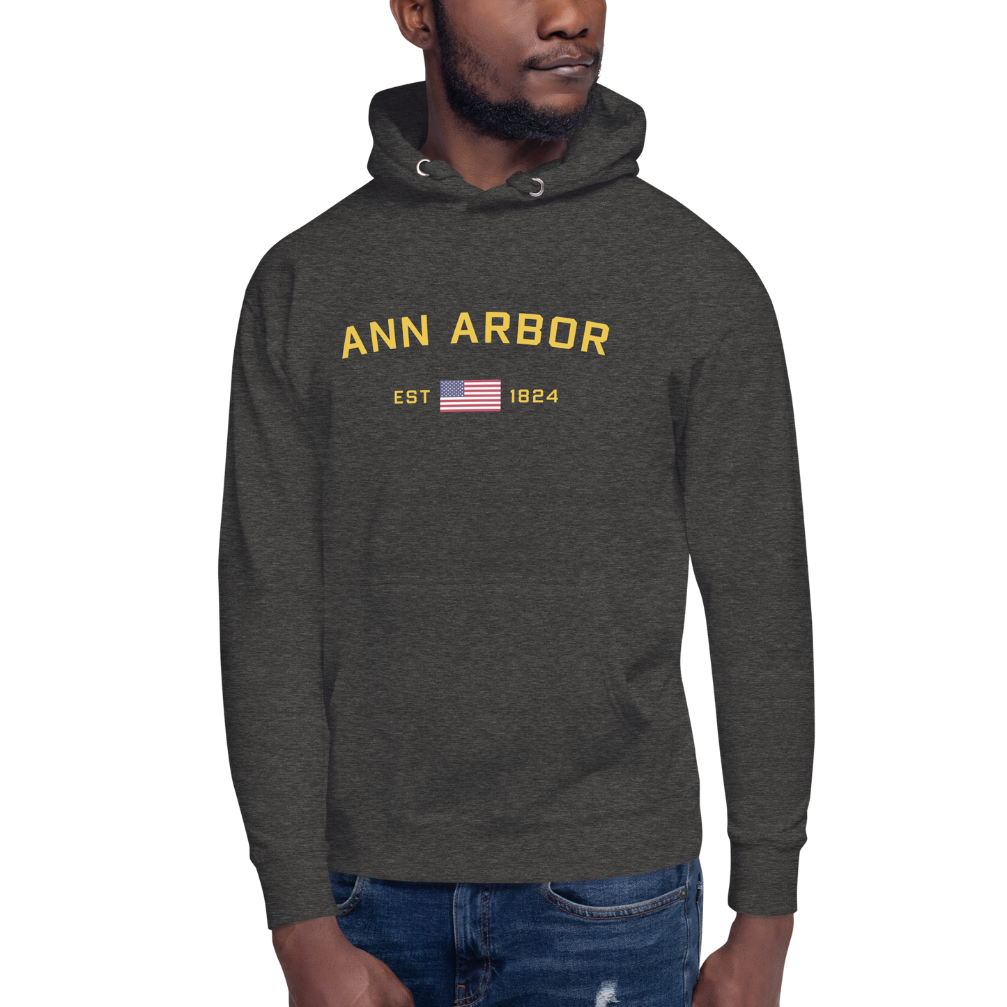 'Ann Arbor EST 1824' Unisex Premium Hoodie (Gold Type w/USA Flag Outline)