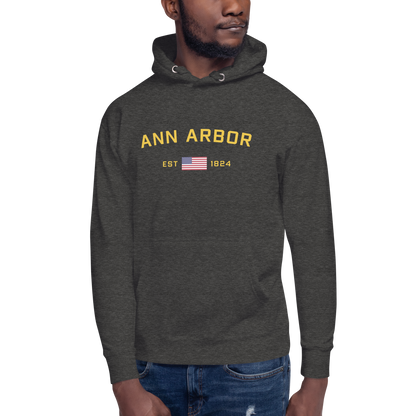 'Ann Arbor EST 1824' Unisex Premium Hoodie (Gold Type w/USA Flag Outline)