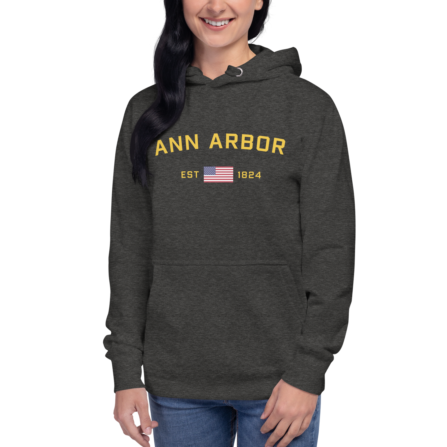 'Ann Arbor EST 1824' Unisex Premium Hoodie (Gold Type w/USA Flag Outline)