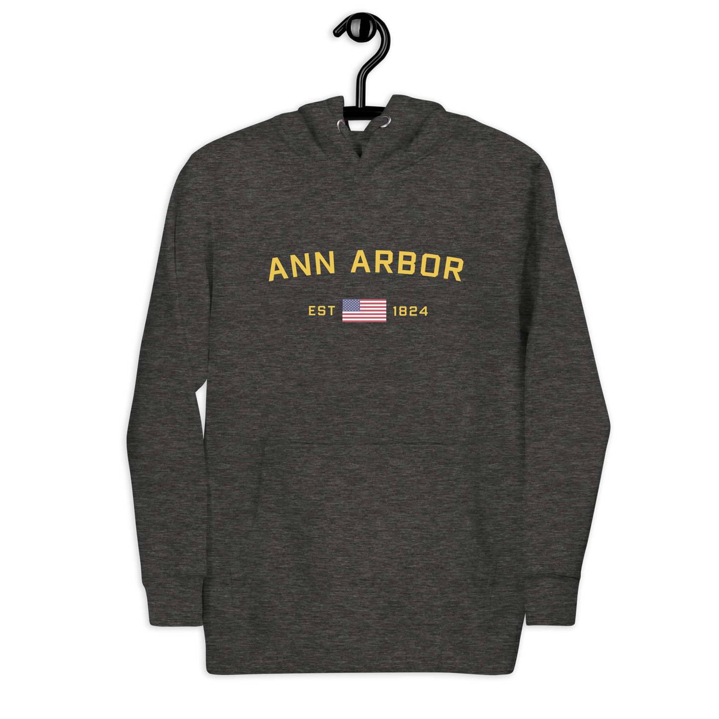 'Ann Arbor EST 1824' Unisex Premium Hoodie (Gold Type w/USA Flag Outline)