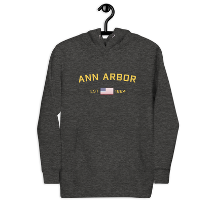 'Ann Arbor EST 1824' Unisex Premium Hoodie (Gold Type w/USA Flag Outline)