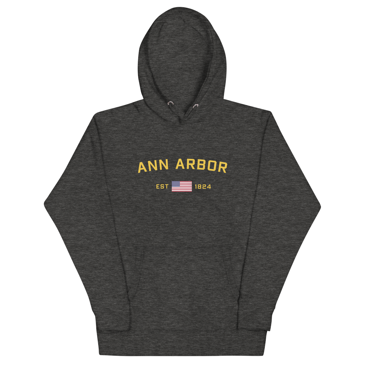 'Ann Arbor EST 1824' Unisex Premium Hoodie (Gold Type w/USA Flag Outline)