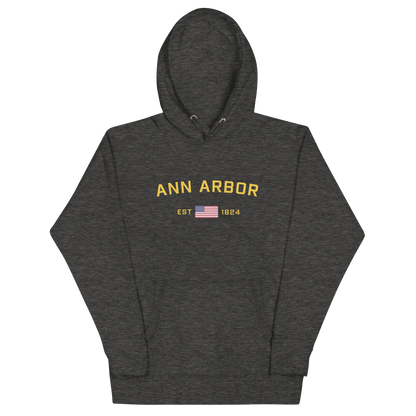 'Ann Arbor EST 1824' Unisex Premium Hoodie (Gold Type w/USA Flag Outline)