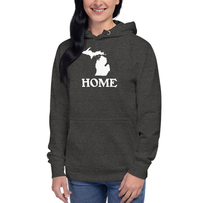 Michigan 'Home' Unisex Premium Hoodie (Woodcut Font w/ MI Outline)