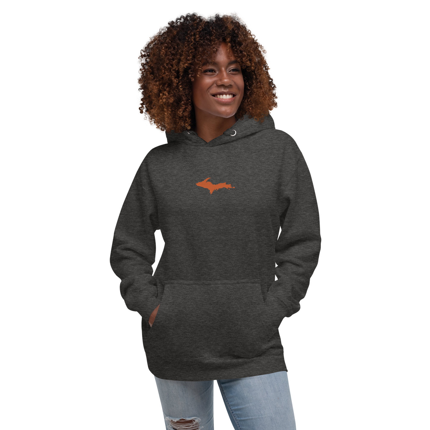 Michigan Upper Peninsula Hoodie (w/ Embroidered Orange UP Outline) | Unisex Premium