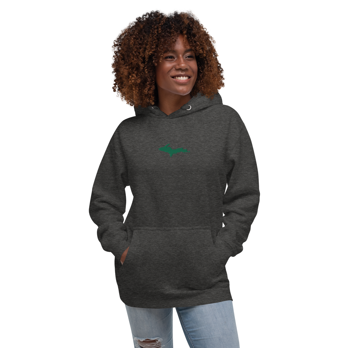 Michigan Upper Peninsula Hoodie (w/ Embroidered Green UP Outline) | Unisex Premium