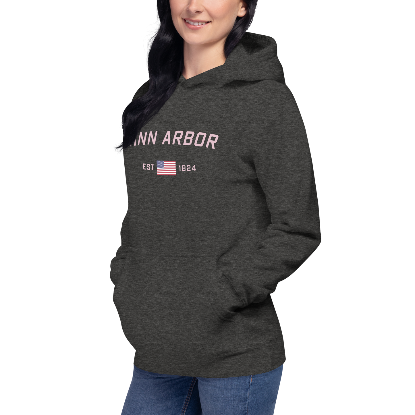 'Ann Arbor 1824' Unisex Premium Hoodie (Pink Type w/USA Flag Outline)