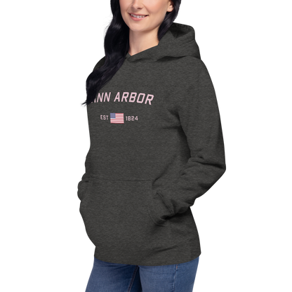 'Ann Arbor 1824' Unisex Premium Hoodie (Pink Type w/USA Flag Outline)