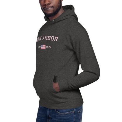 'Ann Arbor 1824' Unisex Premium Hoodie (Pink Type w/USA Flag Outline)