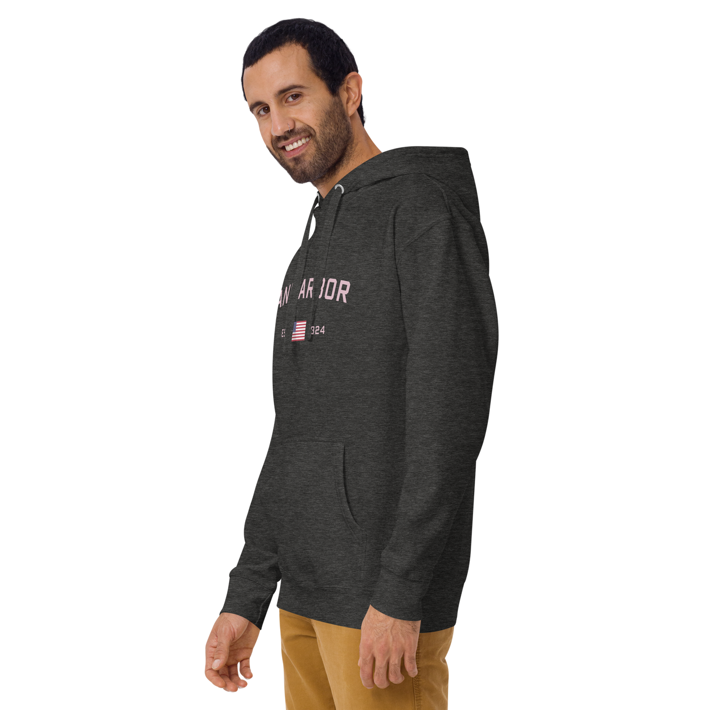 'Ann Arbor 1824' Unisex Premium Hoodie (Pink Type w/USA Flag Outline)