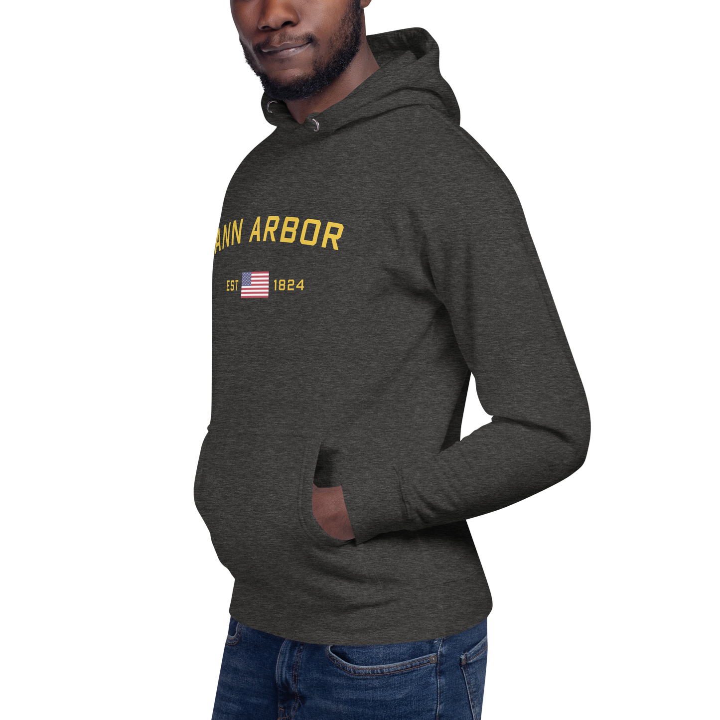 'Ann Arbor EST 1824' Unisex Premium Hoodie (Gold Type w/USA Flag Outline)