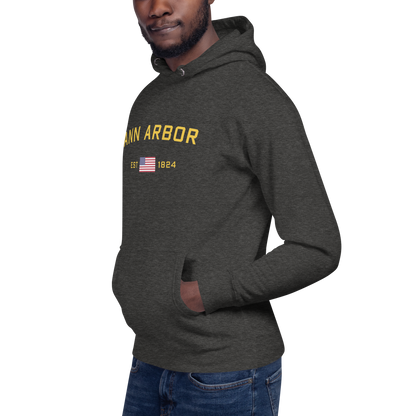 'Ann Arbor EST 1824' Unisex Premium Hoodie (Gold Type w/USA Flag Outline)