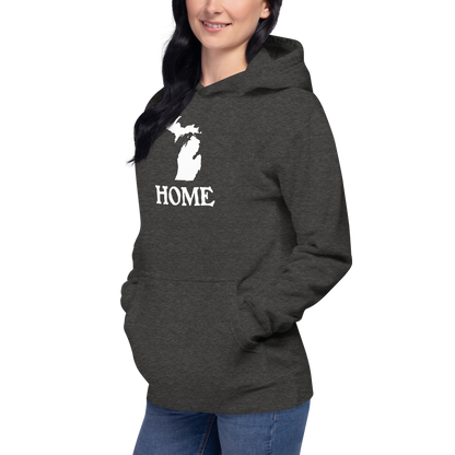 Michigan 'Home' Unisex Premium Hoodie (Woodcut Font w/ MI Outline)