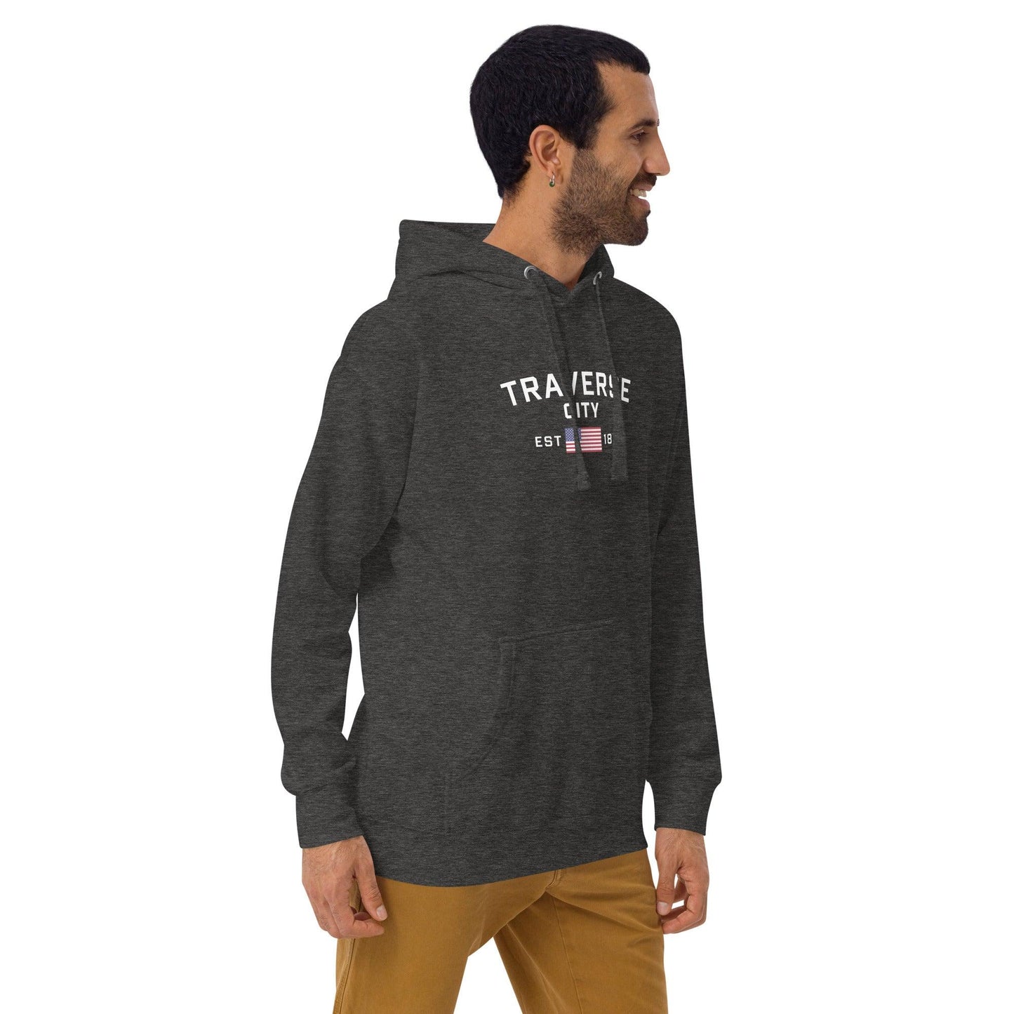 'Traverse City EST 1851' Hoodie (w/ USA Flag Outline) | Unisex Premium - Circumspice Michigan