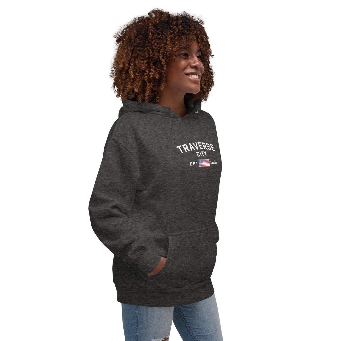 'Traverse City EST 1851' Hoodie (w/ USA Flag Outline) | Unisex Premium - Circumspice Michigan