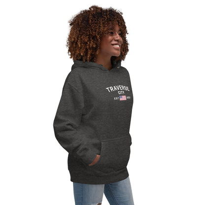 'Traverse City EST 1851' Hoodie (w/ USA Flag Outline) | Unisex Premium - Circumspice Michigan