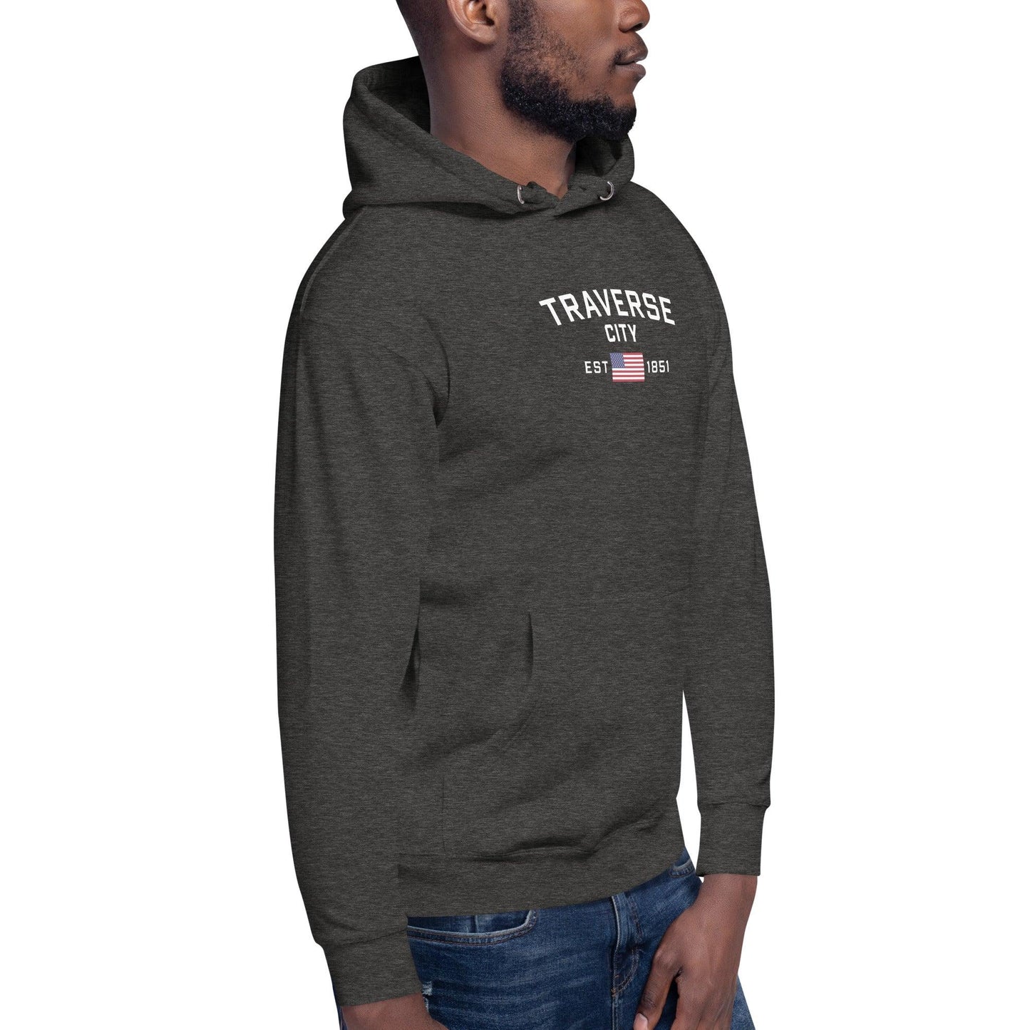 'Traverse City EST 1851' Hoodie (w/ USA Flag Outline) | Unisex Premium - Circumspice Michigan