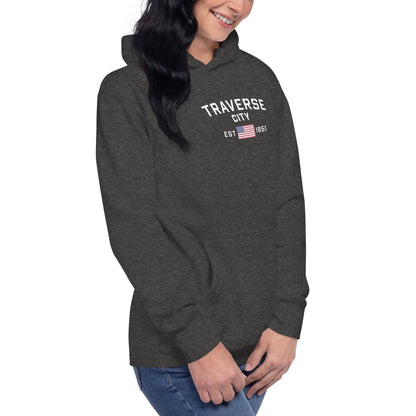 'Traverse City EST 1851' Hoodie (w/ USA Flag Outline) | Unisex Premium - Circumspice Michigan