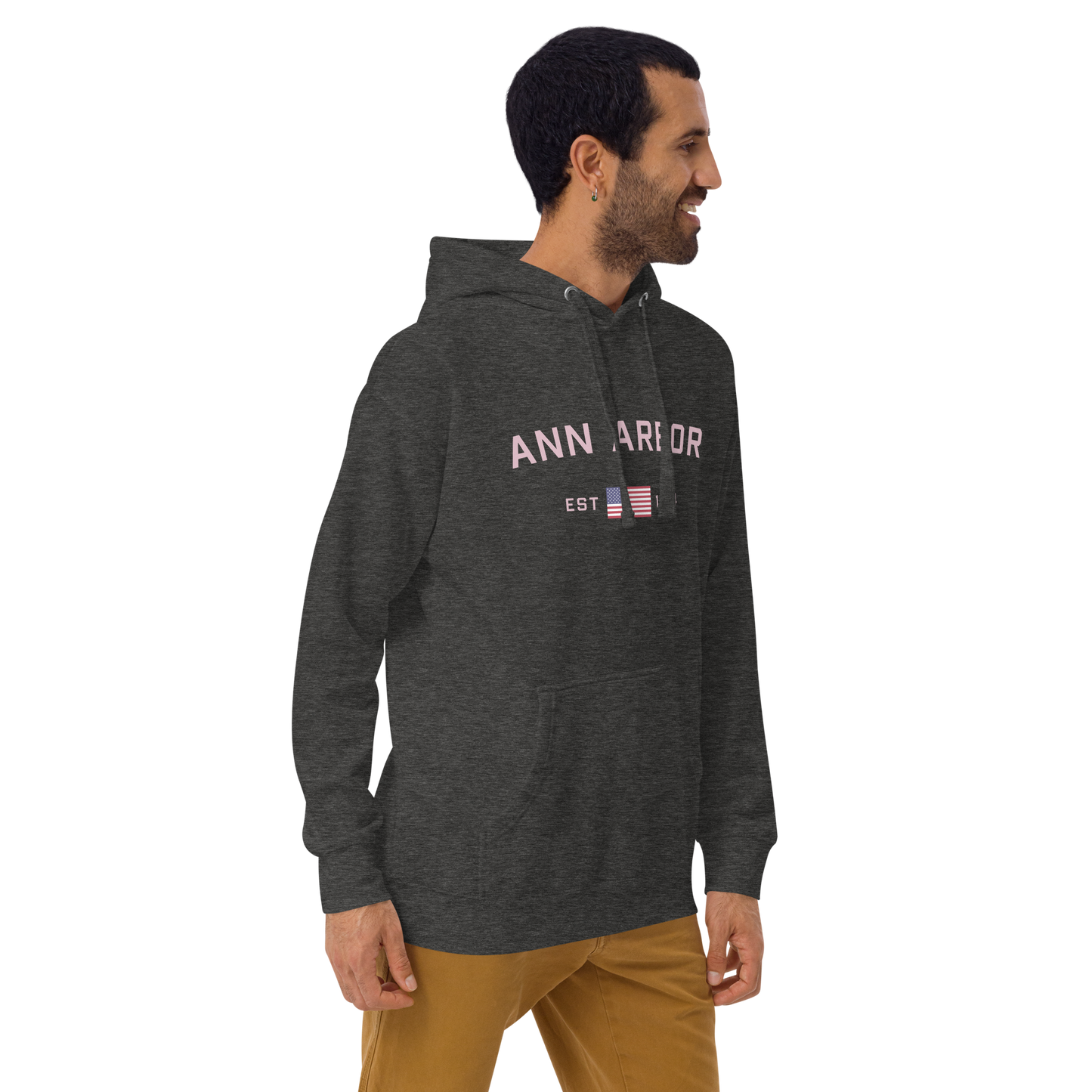 'Ann Arbor 1824' Unisex Premium Hoodie (Pink Type w/USA Flag Outline)