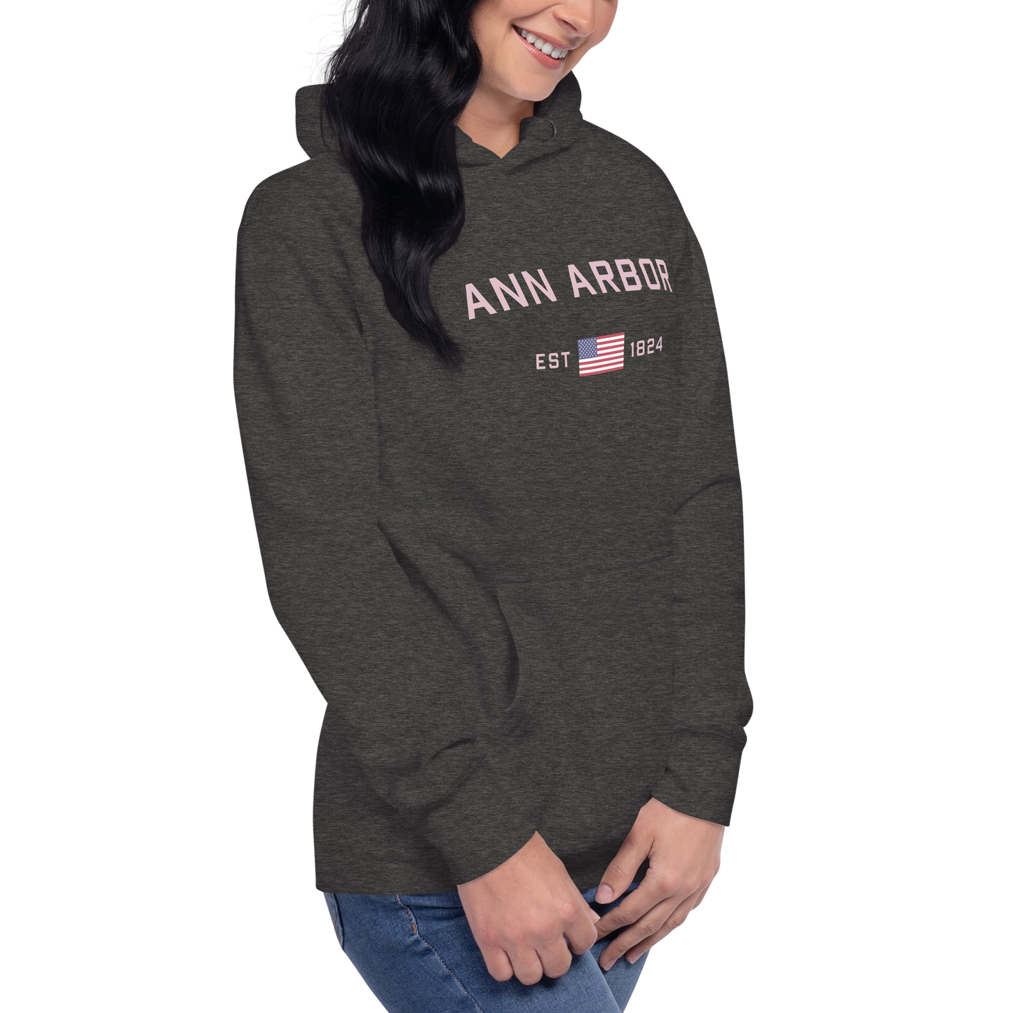 'Ann Arbor 1824' Unisex Premium Hoodie (Pink Type w/USA Flag Outline)