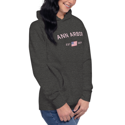 'Ann Arbor 1824' Unisex Premium Hoodie (Pink Type w/USA Flag Outline)