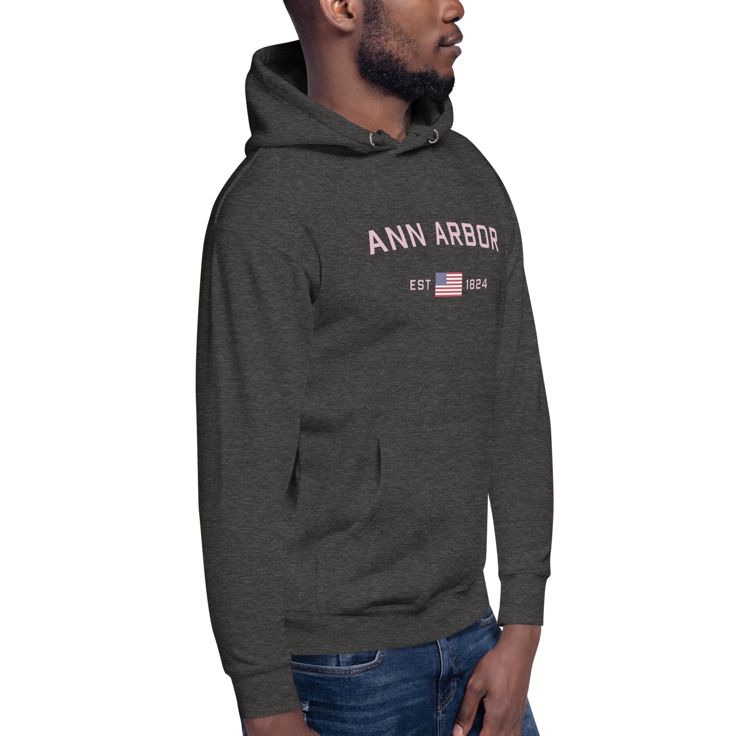 'Ann Arbor 1824' Unisex Premium Hoodie (Pink Type w/USA Flag Outline)