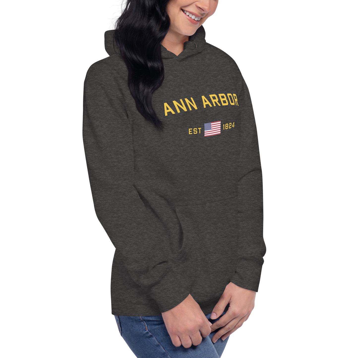 'Ann Arbor EST 1824' Unisex Premium Hoodie (Gold Type w/USA Flag Outline)