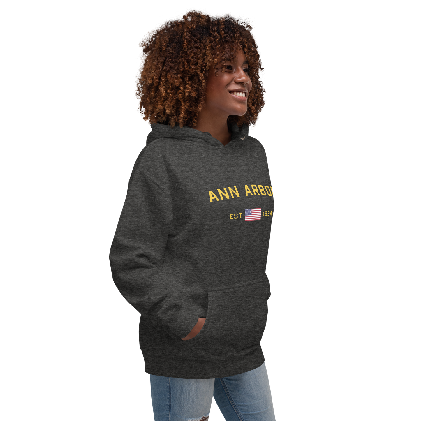 'Ann Arbor EST 1824' Unisex Premium Hoodie (Gold Type w/USA Flag Outline)