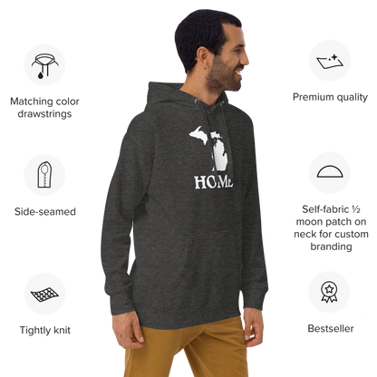 Michigan 'Home' Unisex Premium Hoodie (Woodcut Font w/ MI Outline)