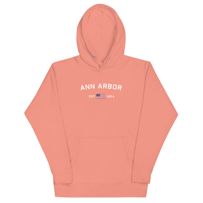 'Ann Arbor EST 1824' Hoodie (w/ USA Flag Outline) | Unisex Premium - Circumspice Michigan