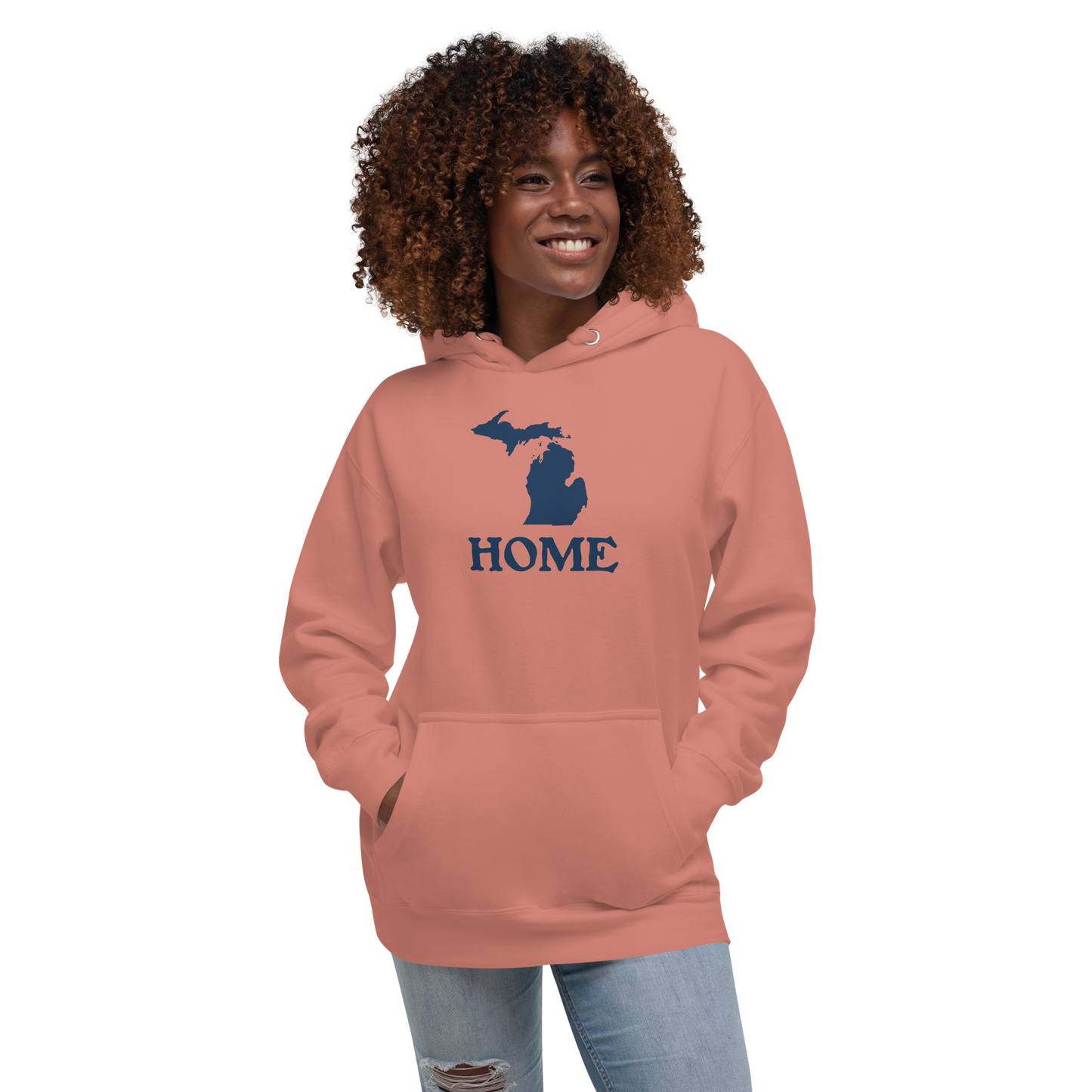 Michigan 'Home' Unisex Premium Hoodie (Woodcut Font w/ MI Outline)