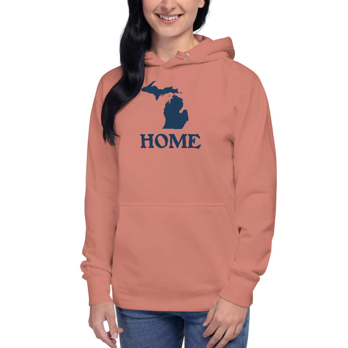 Michigan 'Home' Unisex Premium Hoodie (Woodcut Font w/ MI Outline)