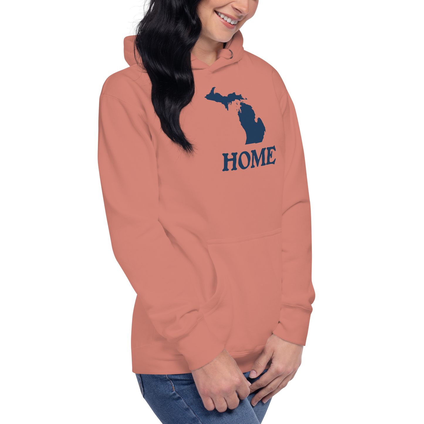 Michigan 'Home' Unisex Premium Hoodie (Woodcut Font w/ MI Outline)