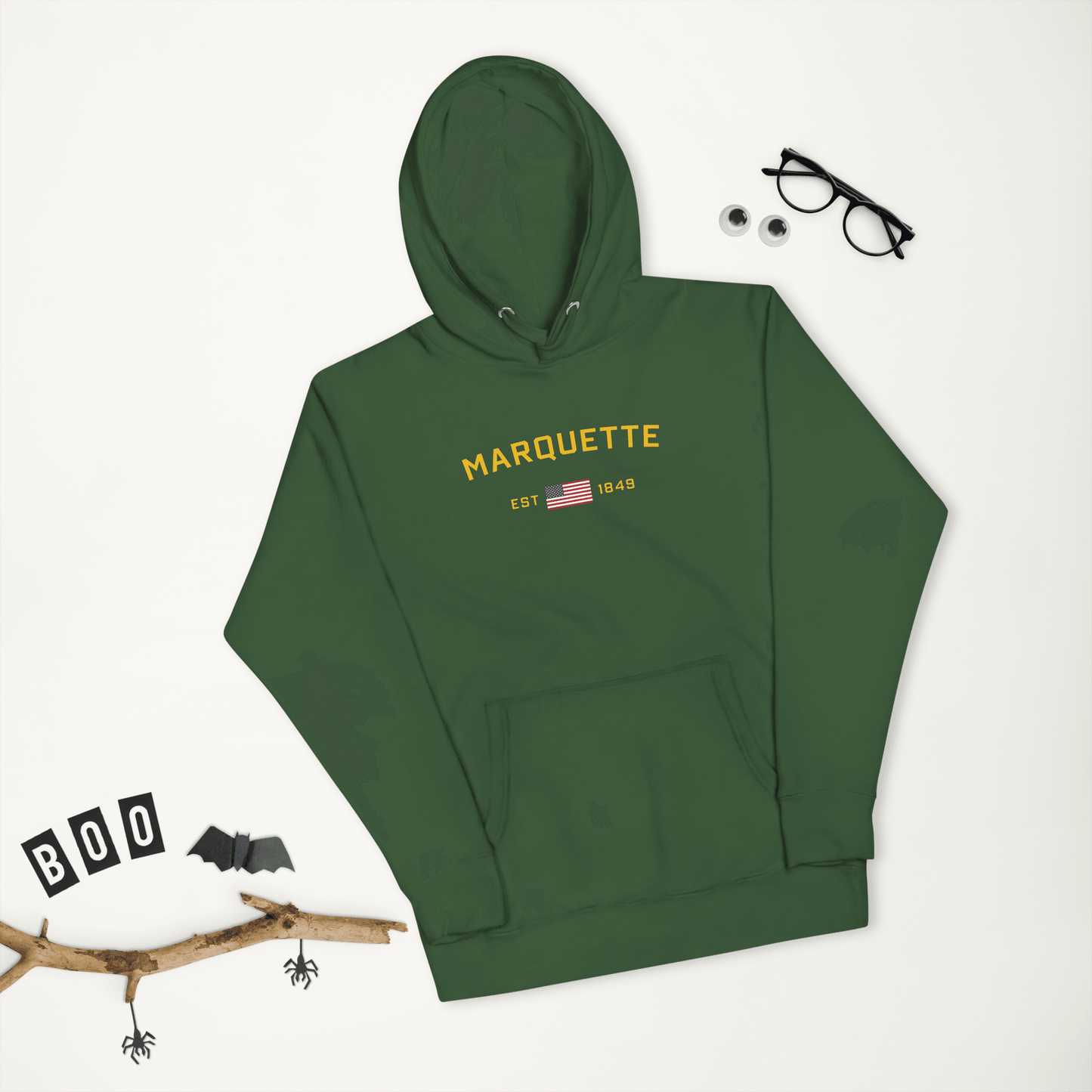 'Marquette EST 1849' Hoodie (Gold Type w/ USA Flag Outline) | Unisex Premium - Circumspice Michigan