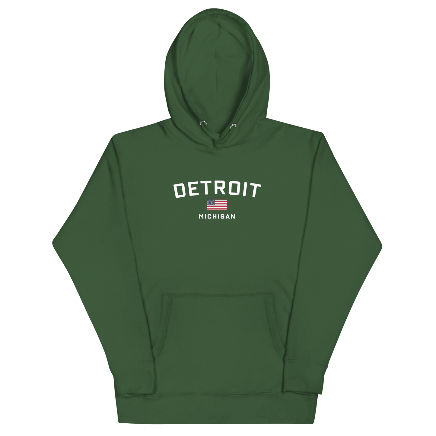 'Detroit Michigan' Hoodie (White/Navy w/ USA Flag) | Unisex Premium - Circumspice Michigan