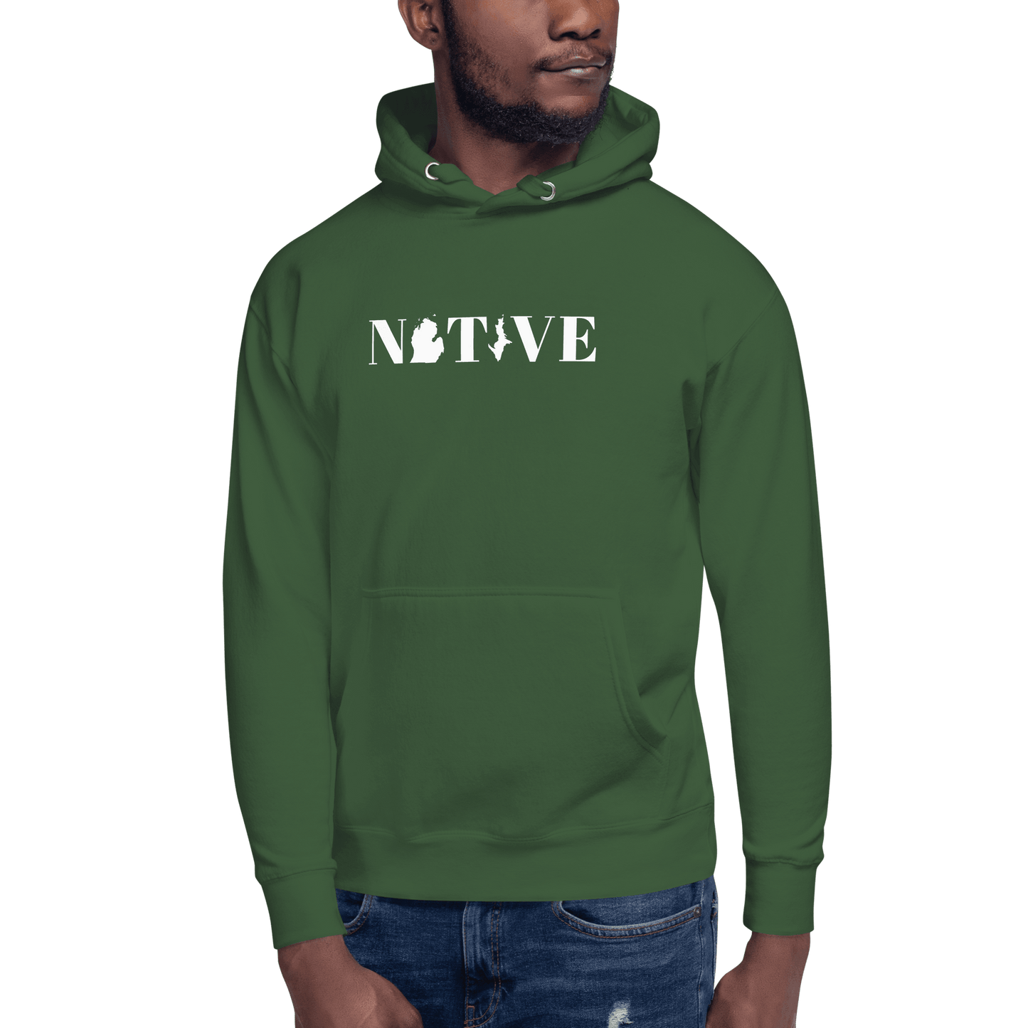 Michigan 'Native' Hoodie (White/Navy Didone Font) | Unisex Premium - Circumspice Michigan