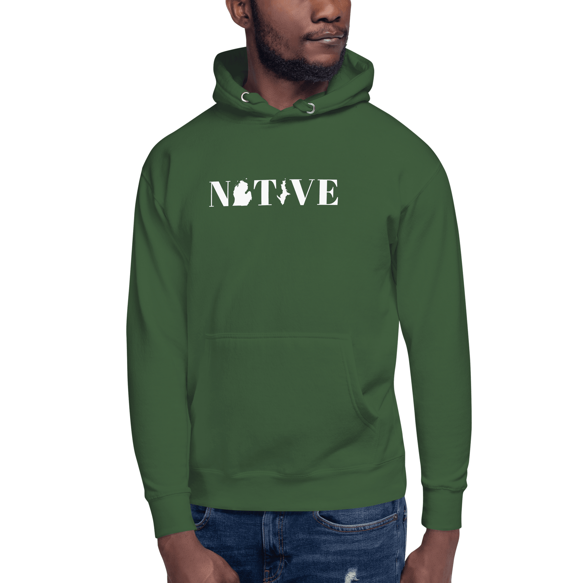 Michigan 'Native' Hoodie (White/Navy Didone Font) | Unisex Premium - Circumspice Michigan