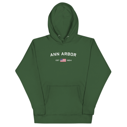 'Ann Arbor EST 1824' Hoodie (w/ USA Flag Outline) | Unisex Premium - Circumspice Michigan