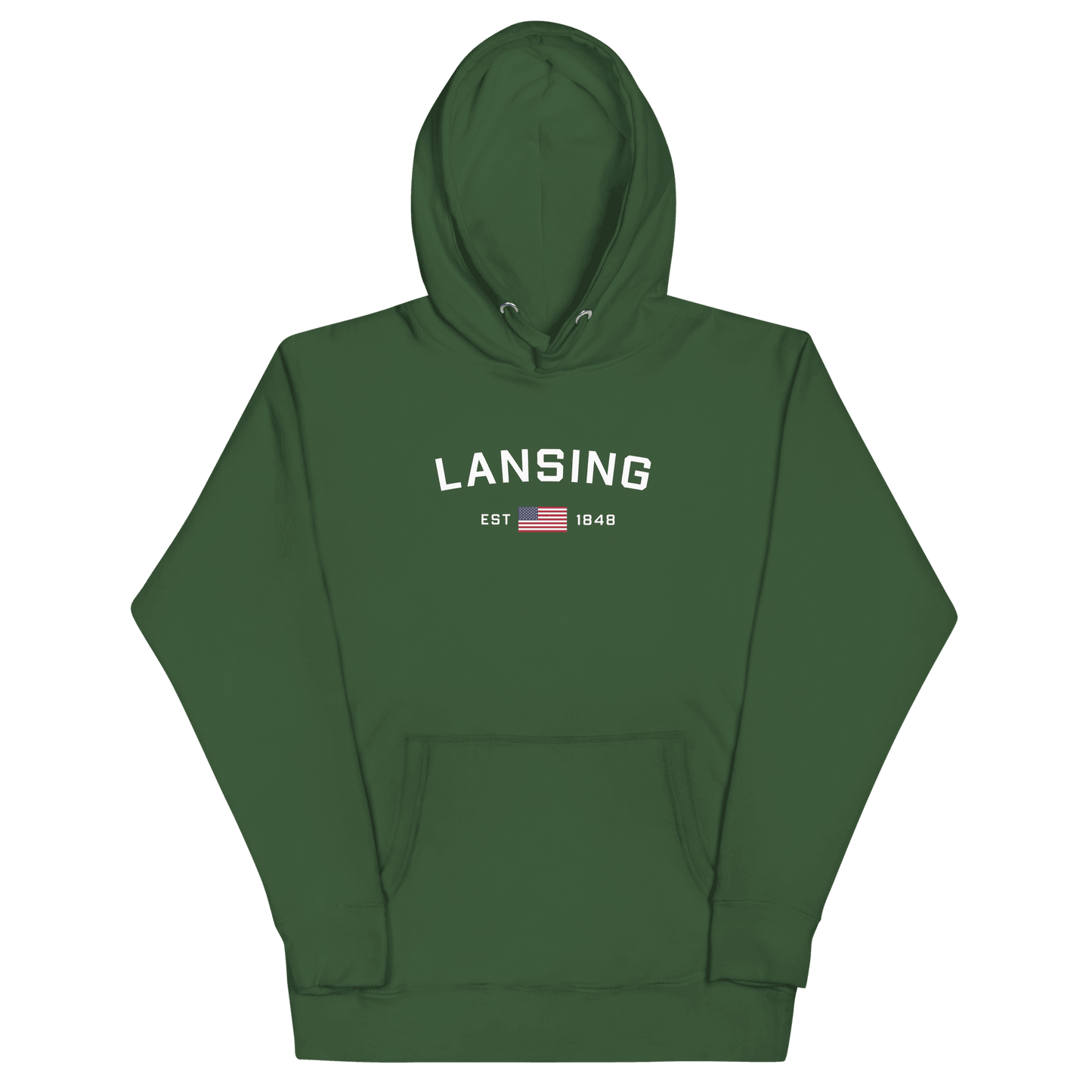 'Lansing EST 1848' Hoodie (w/. USA Flag Outline) | Unisex Premium - Circumspice Michigan