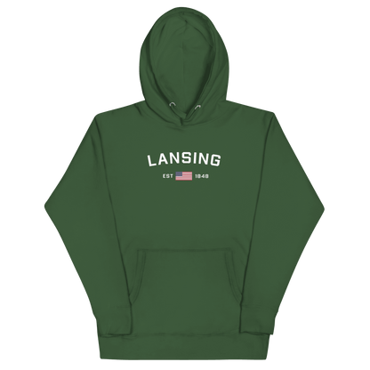 'Lansing EST 1848' Hoodie (w/. USA Flag Outline) | Unisex Premium - Circumspice Michigan