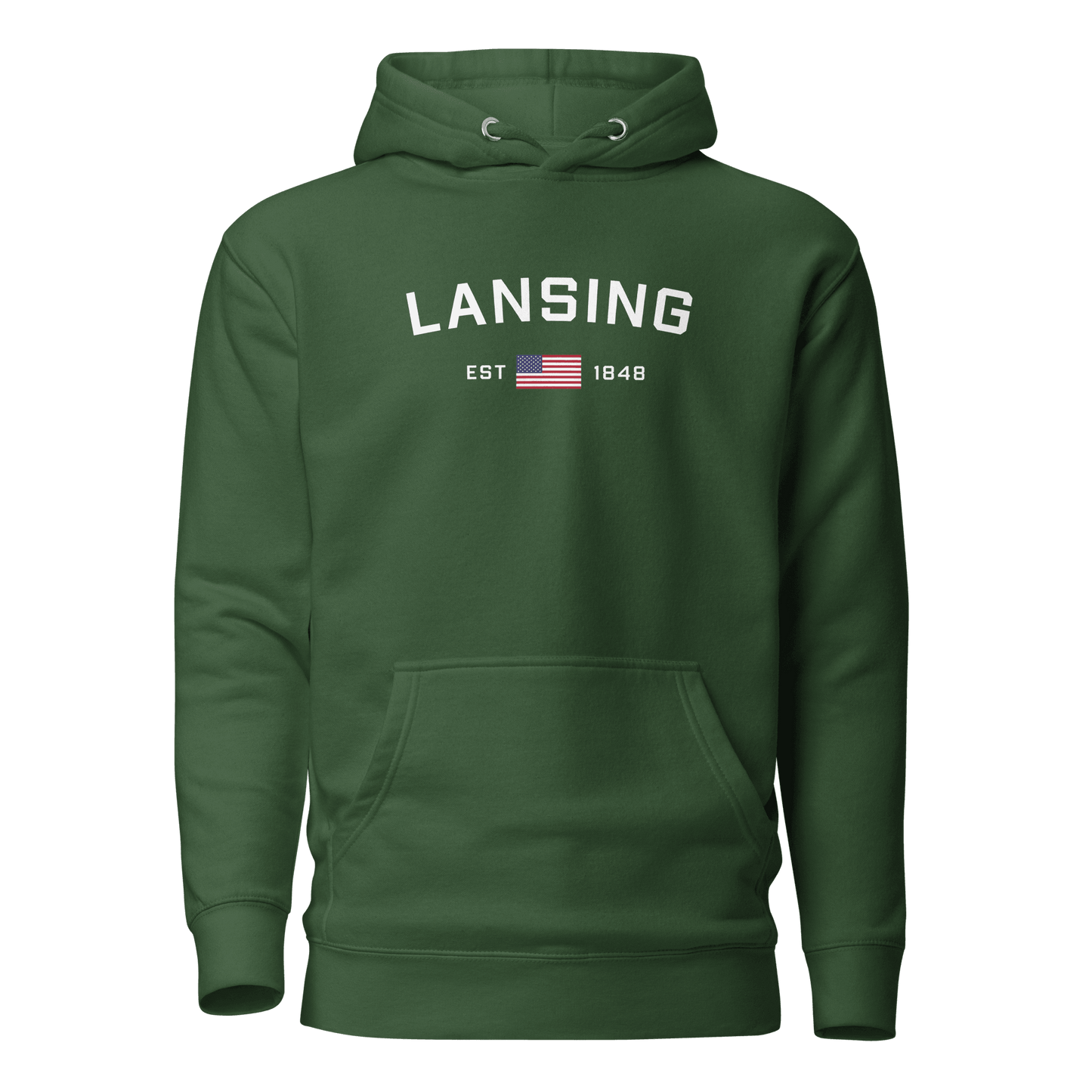 'Lansing EST 1848' Hoodie (w/. USA Flag Outline) | Unisex Premium - Circumspice Michigan