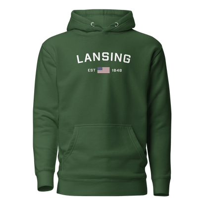 'Lansing EST 1848' Hoodie (w/. USA Flag Outline) | Unisex Premium - Circumspice Michigan