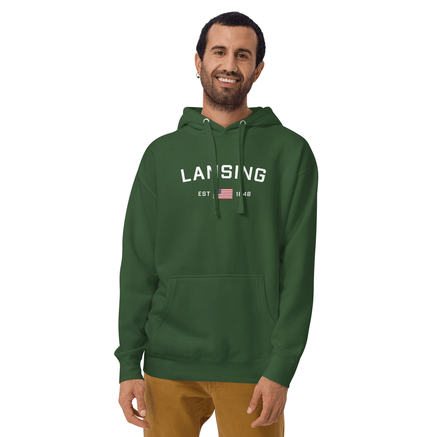 'Lansing EST 1848' Hoodie (w/. USA Flag Outline) | Unisex Premium - Circumspice Michigan