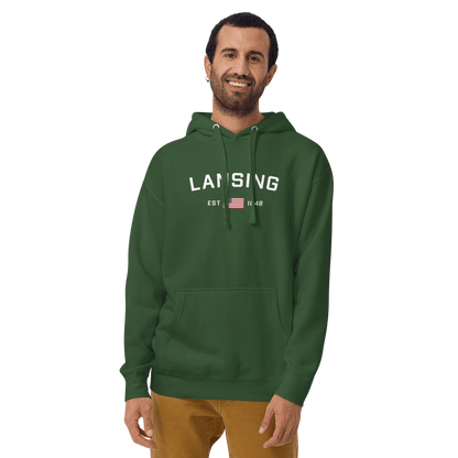 'Lansing EST 1848' Hoodie (w/. USA Flag Outline) | Unisex Premium - Circumspice Michigan