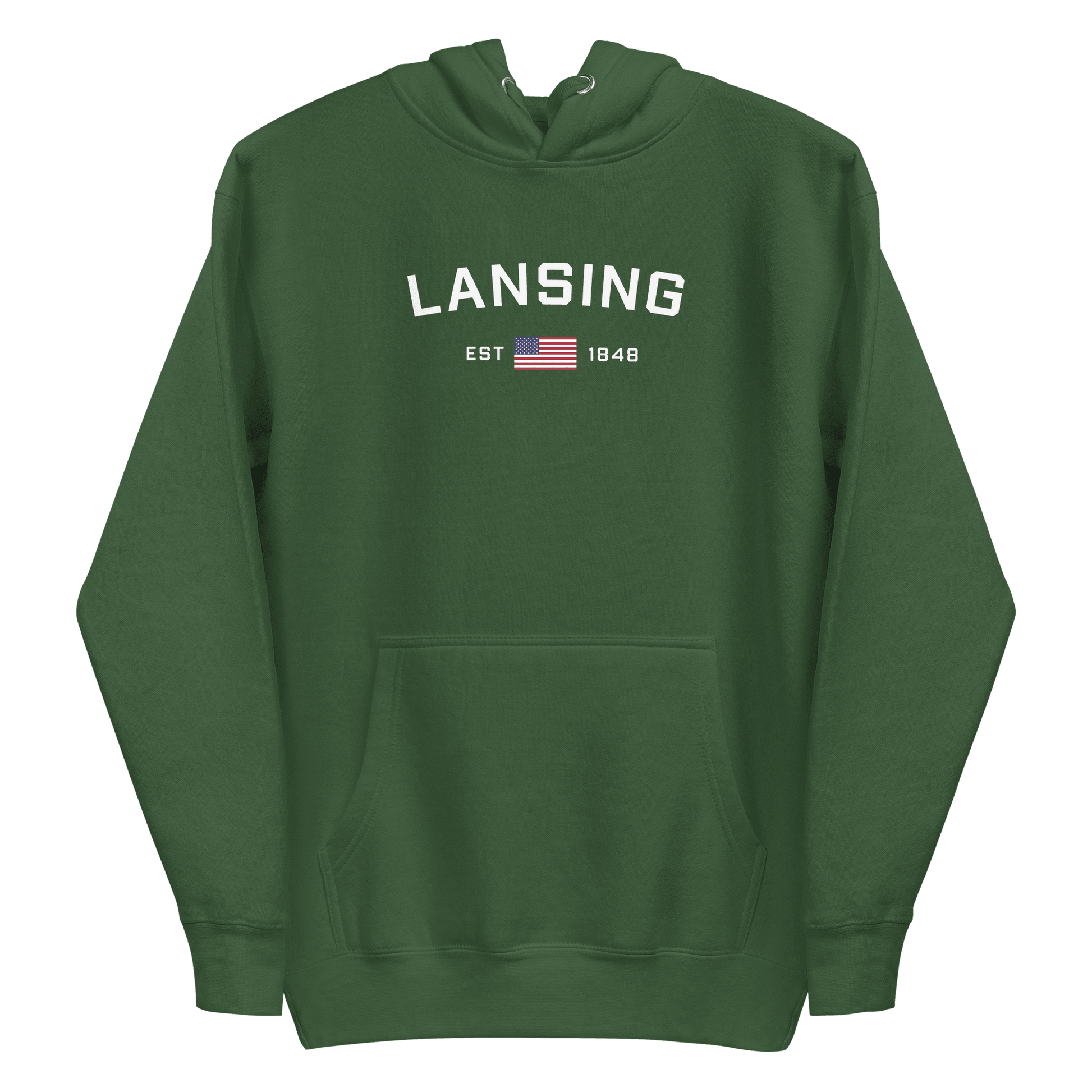 'Lansing EST 1848' Hoodie (w/. USA Flag Outline) | Unisex Premium - Circumspice Michigan